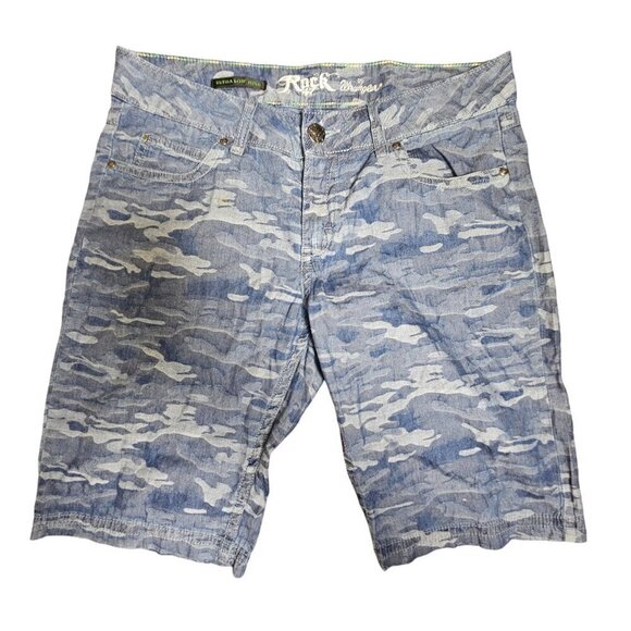 Wrangler Rock 47 Ultra Low Rise Camo Shorts Blue Womens 30‎ Bermuda WHH23PT - Picture 1 of 11